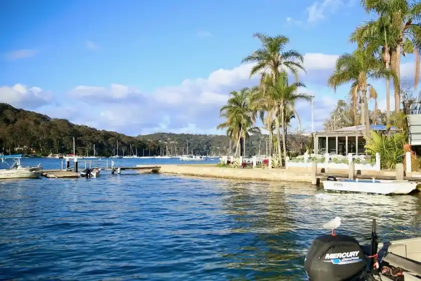 Scenic waterfront at Church Point with boats and palm trees under clear sky, ideal for maxi taxi Church Point pickup and drop services.